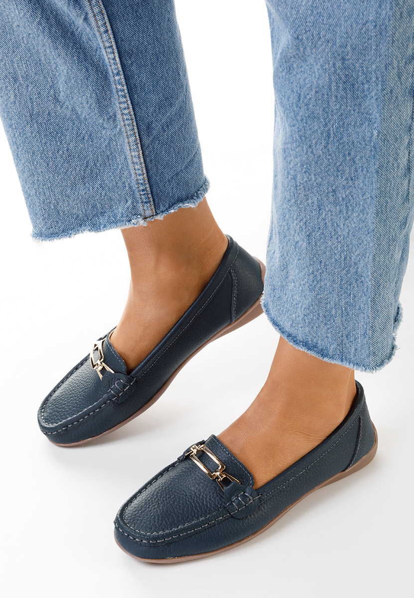 Дамски мокасини естествена кожа военно син Celetina