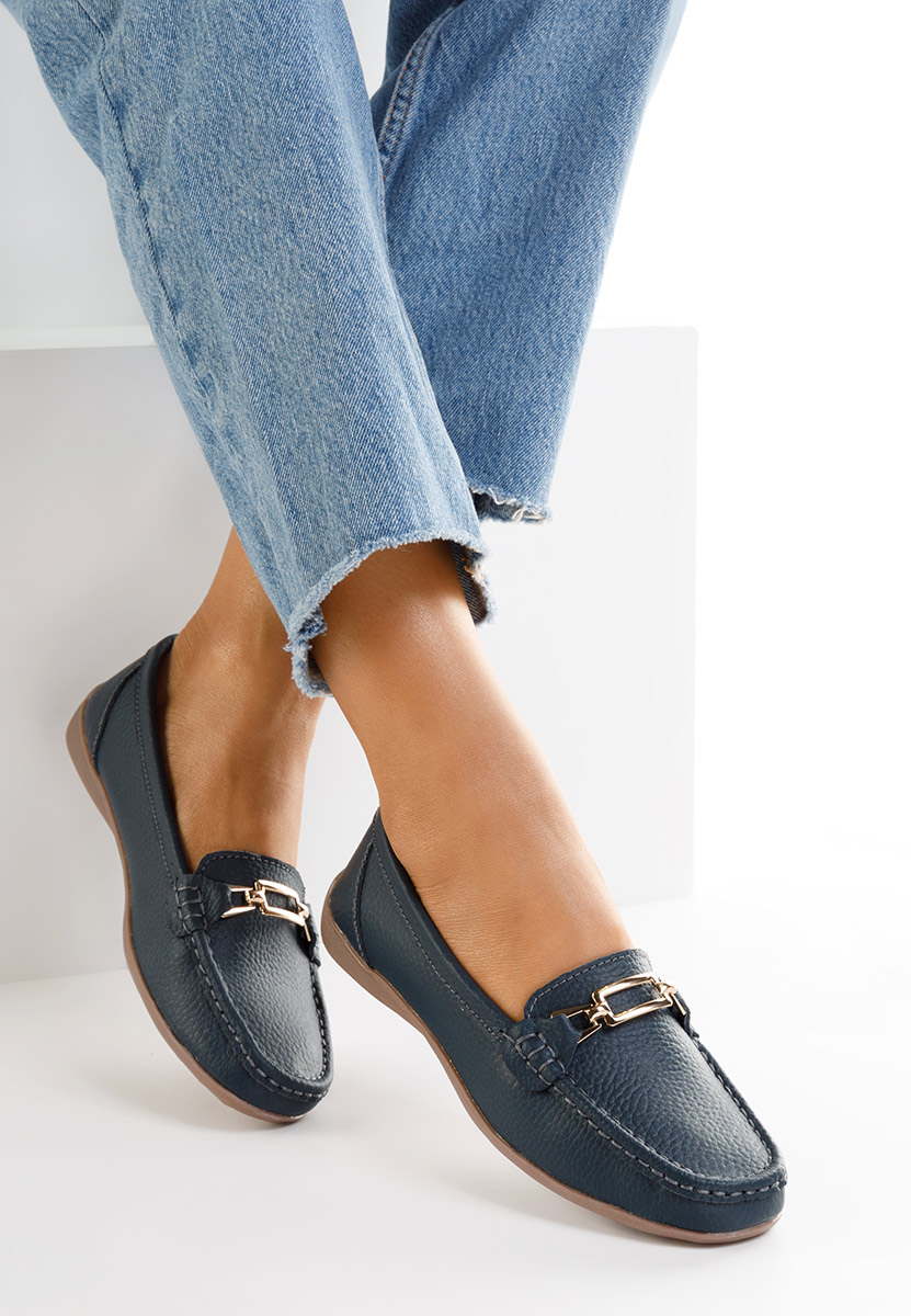 Дамски мокасини естествена кожа военно син Celetina