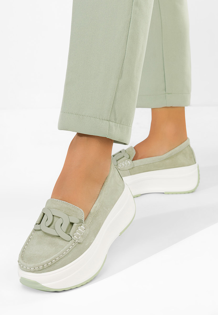 Дамски мокасини естествена кожа Mivea зелен