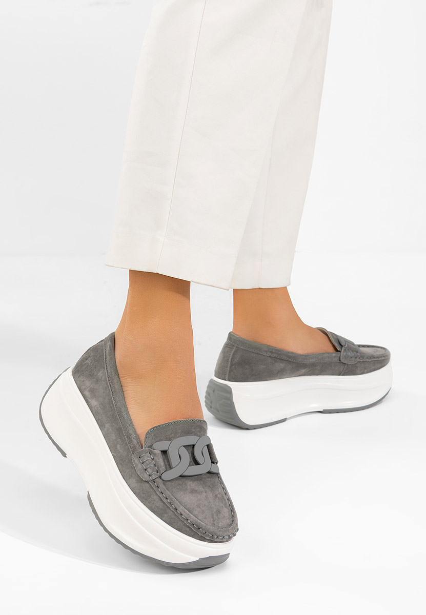 Дамски мокасини естествена кожа Mivea сив