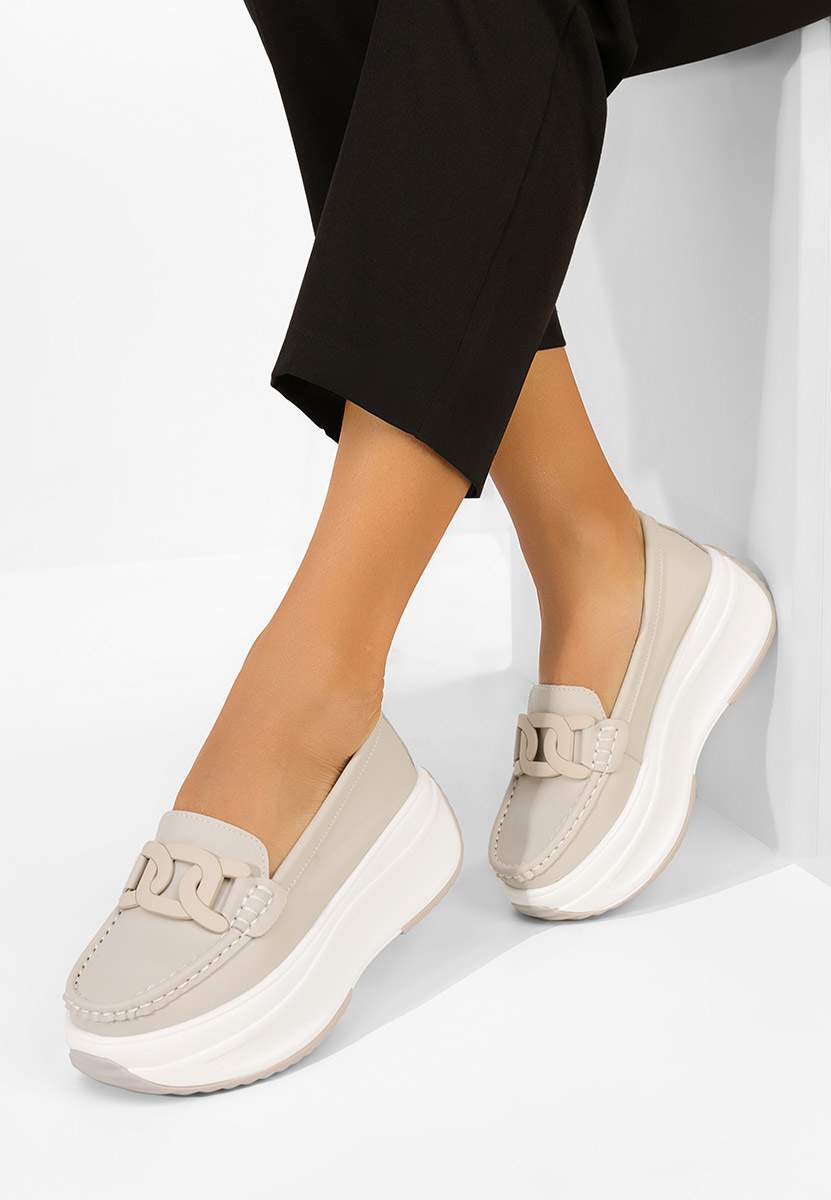 Дамски мокасини естествена кожа Mivea бежов